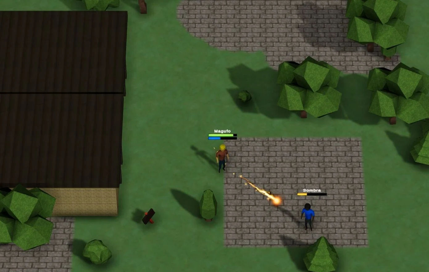 Personagens em uma vila com caminhos de pedra e árvores poligonais.